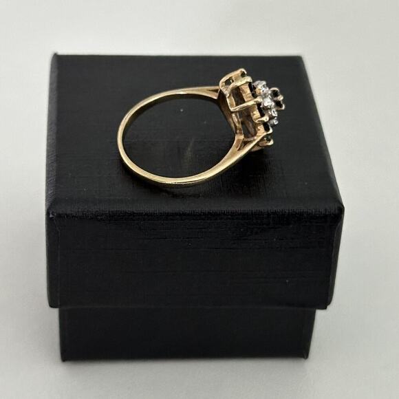 Vintage 10K Yellow Gold Sapphire & Diamond Halo Cluster Ladies Band Ring Size 6 - Picture 11 of 16